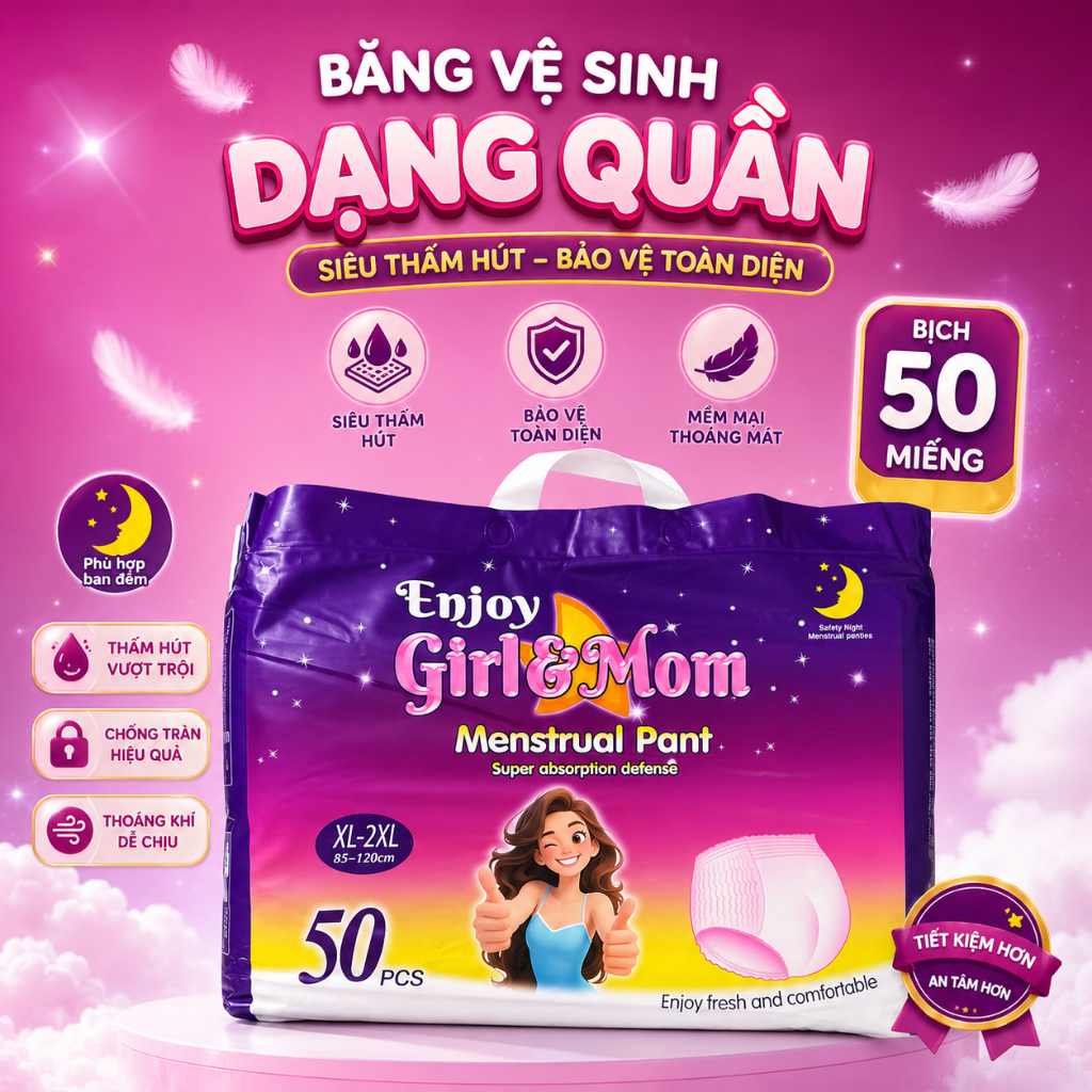 Băng vệ sinh dạng quần Enjoy Girl&Mom mỗi bịch 50 miếng, size 35-85kg