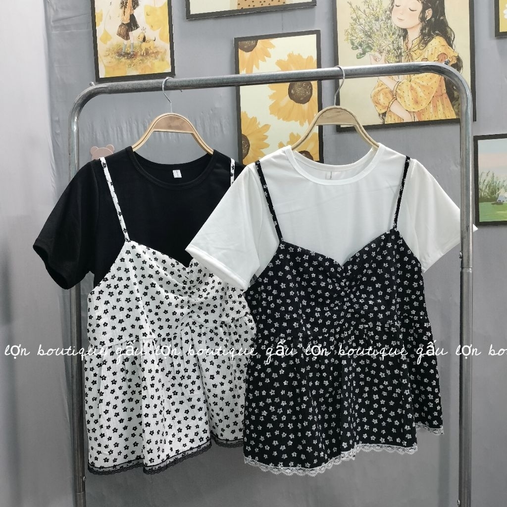 set áo yếm babydoll hoa nhí kèm áo thun set áo yếm nữ | BigBuy360 - bigbuy360.vn