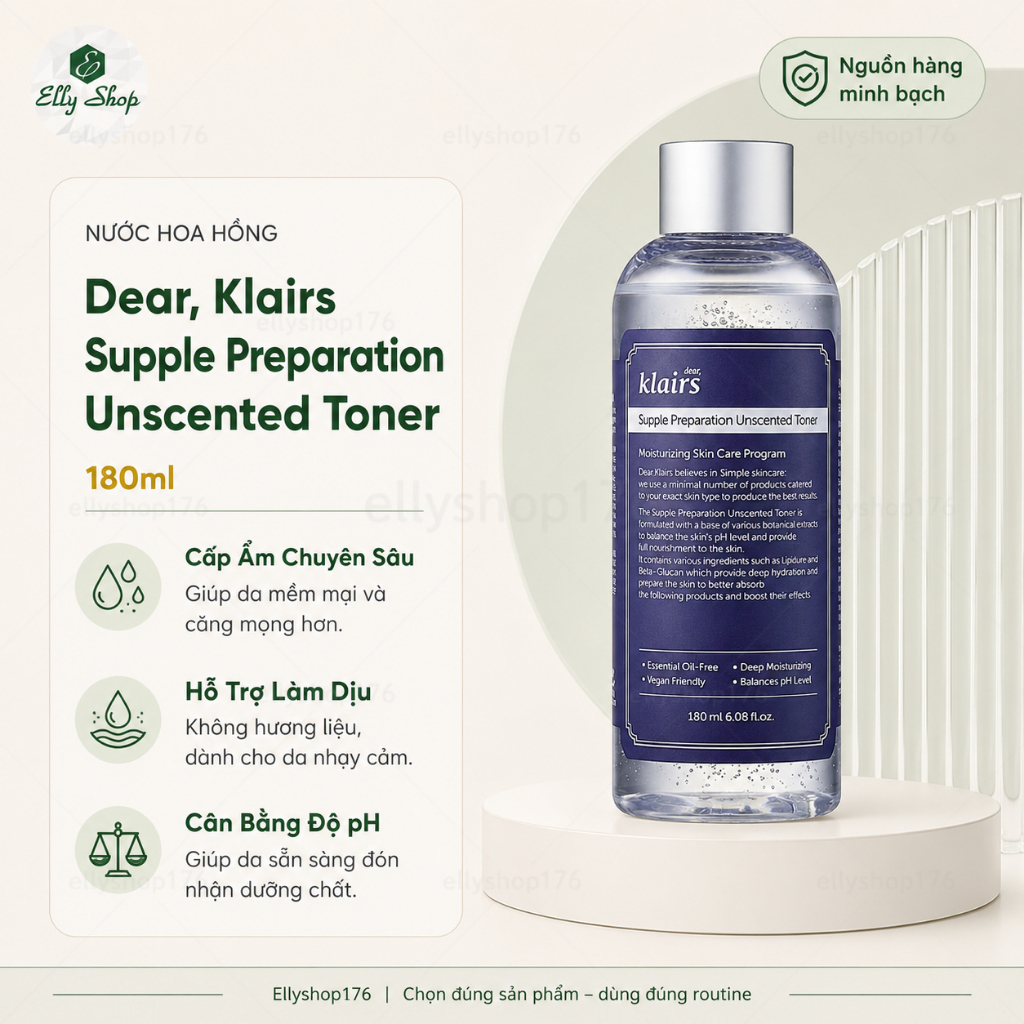 Nước hoa hồng Klairs Supple Preparation Unscented Toner - 180ml - Ellyshop176