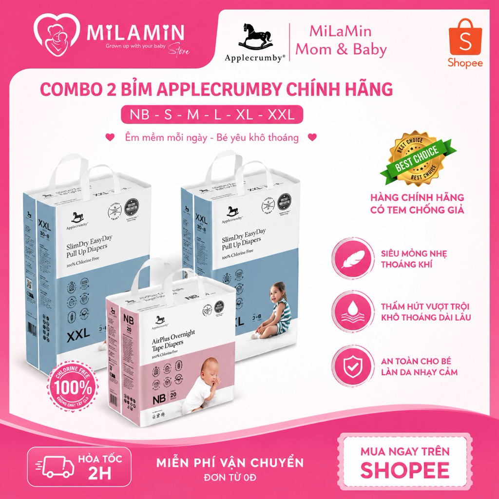 Bỉm  Applecrumby Slim + Overnight, bỉm đêm Applecrumby Overnight đủ size NB/S/M/L/XL/XXL