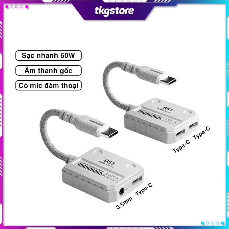 Cáp chuyển đổi âm thanh Plextone GS1 2in1 có mic đàm thoại hỗ trợ sạc nhanh 60W