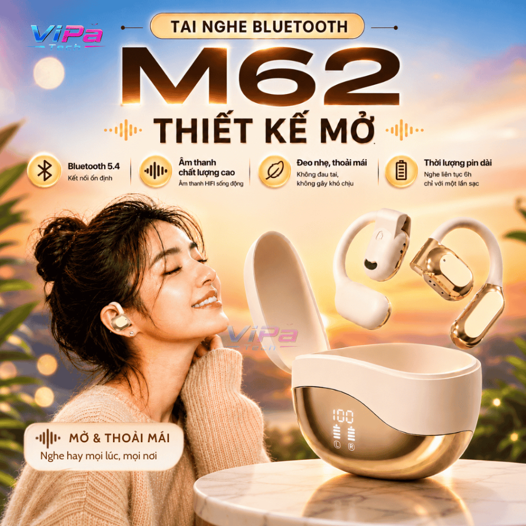 Tai Nghe Không Dây Bluetooth Đeo Vành Tai M62 Thời Trang, Pin Trâu - Tai Nghe Thể Thao M62 ViPa Tech