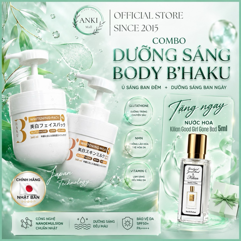 Bộ Ủ Trắng Body B’Haku Whitening Pack Và Dưỡng Thể B’Haku Whitening Milk 360ml Nhật Bản - Anki Mall