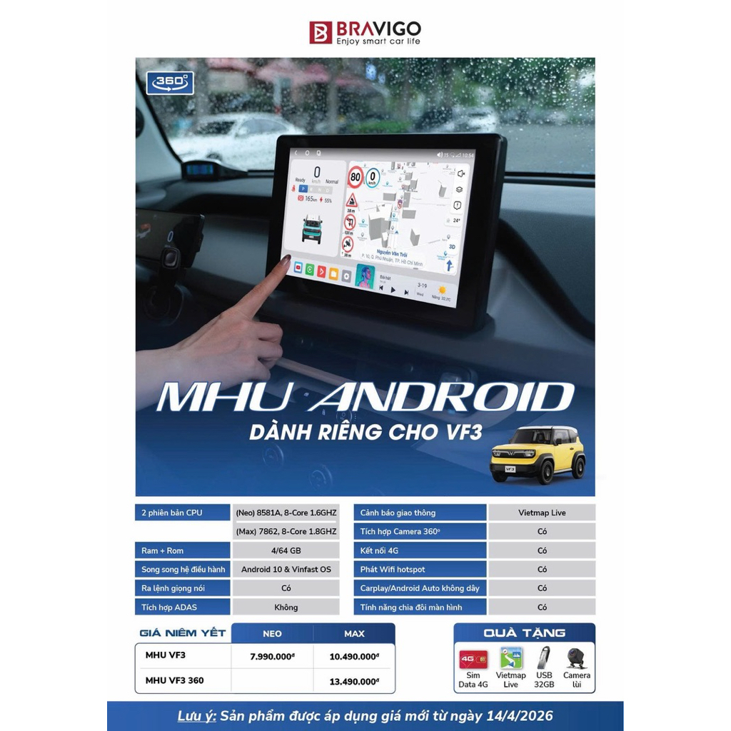 Bravigo MHU Android VF3 Bản mới nhất Liền camera 360