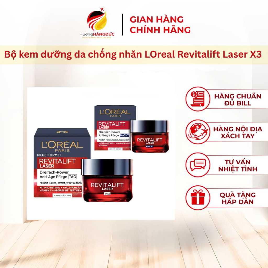[NỘI ĐỊA ĐỨC] Bộ kem dưỡng da chống nhăn LOreal Revitalift Laser X3 giúp xoá mờ nếp nhăn chống lão hoá da, 50ml