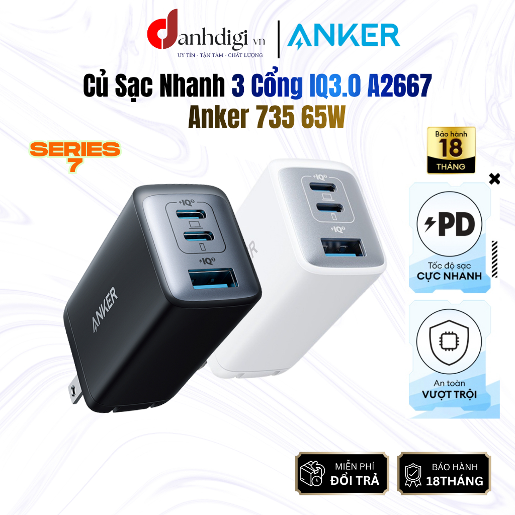 Củ sạc nhanh Anker 65W GaN 735-A2667 3 cổng sạc nhanh PD/PPS Laptop, điện thoại -  BH 18 Tháng