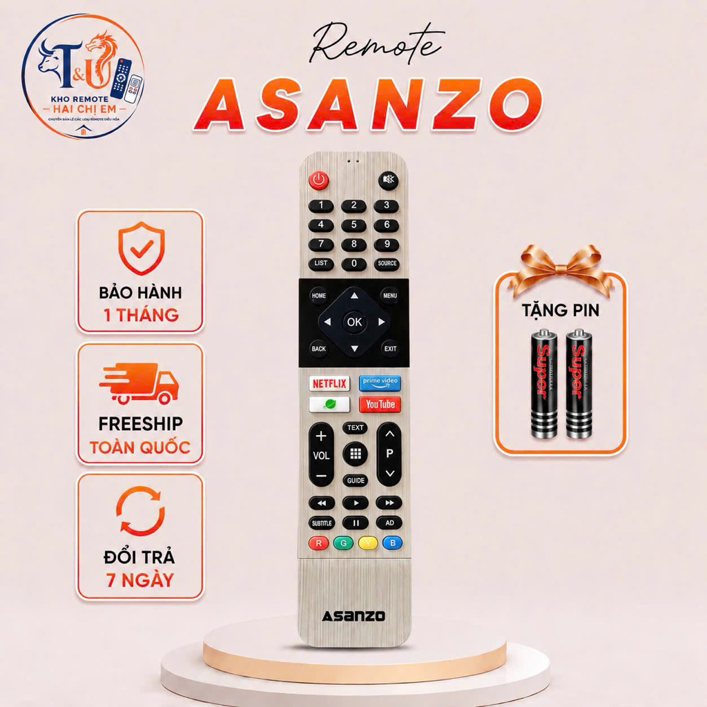 Remote điều khiển tivi ASANZO Mã 07, điều khiển TV Asanzo internet - Tặng kèm pin - T&U Remote