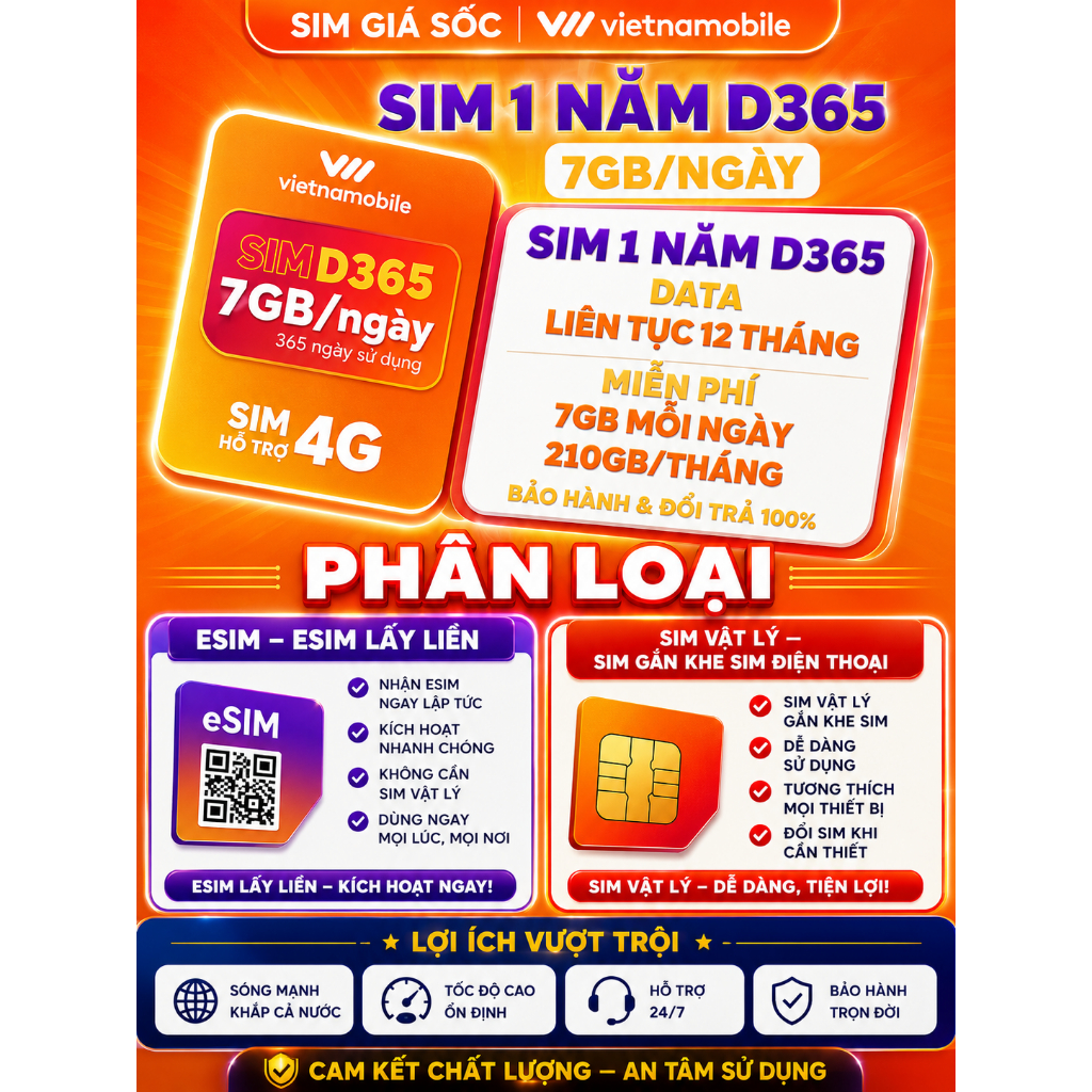 Sim 1 Năm 7GB/Ngày Vietnamobile – D365 – Dùng 365 Ngày, Gọi Giá Rẻ