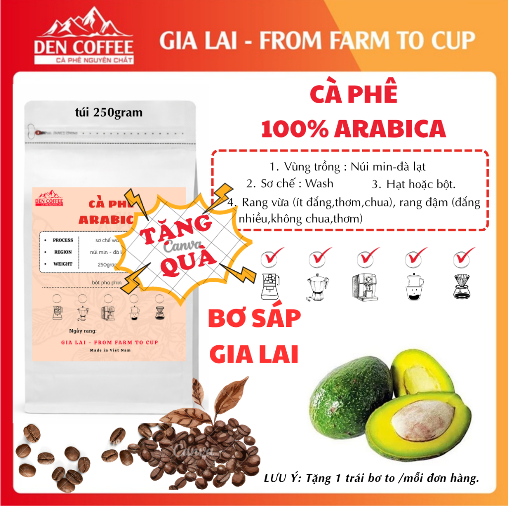 250gram Cà phê '' Arabica Đà Lạt '' hat,bột - Sơ chế Wash