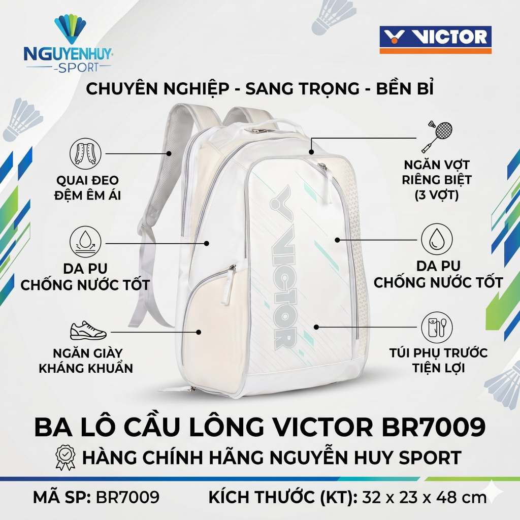 Balo Cầu Lông Victor BR7009(Chính hãng)  - Trắng Túi Thể Thao Sport Bag