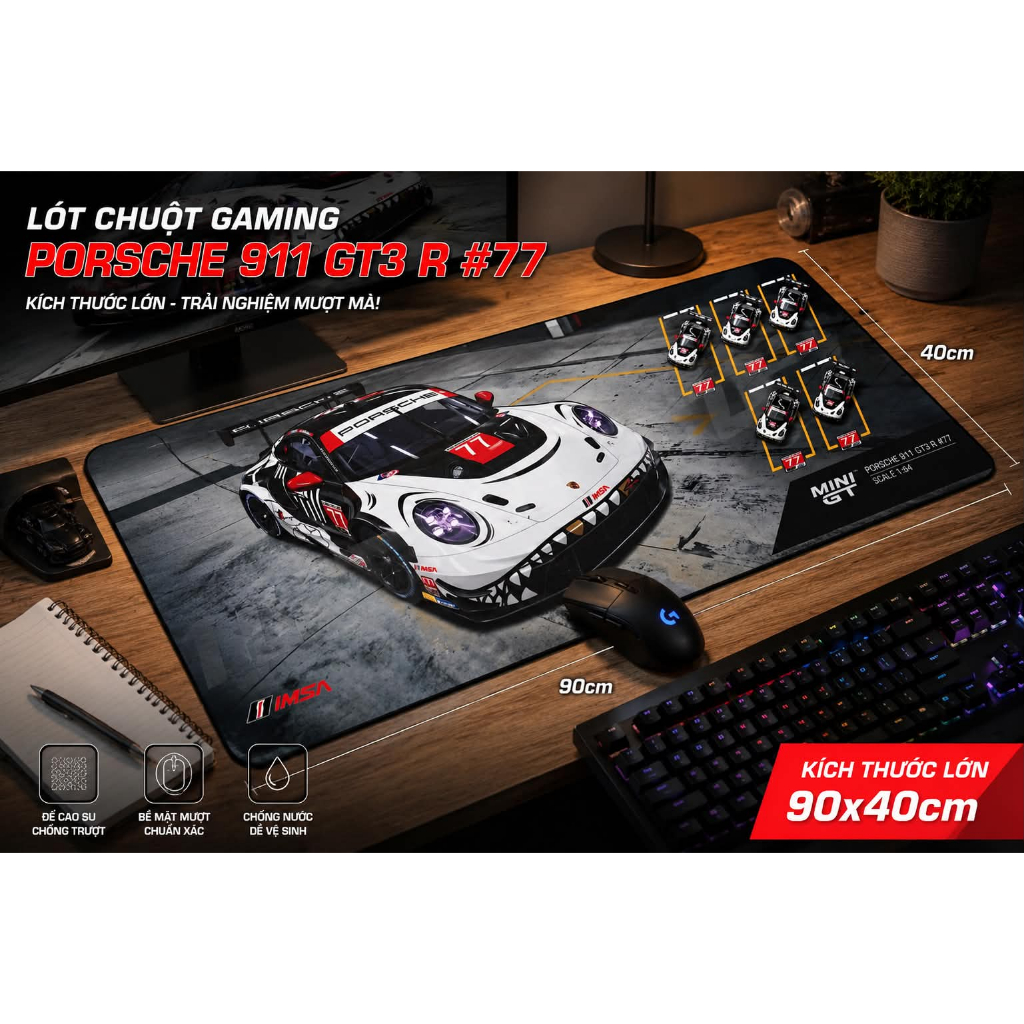 Phụ kiện THẢM LÓT CHUỘT GAMING CỠ LỚN PORSCHE 911 GT3 R #77 REXY SKELETON – SIZE 90x40cm