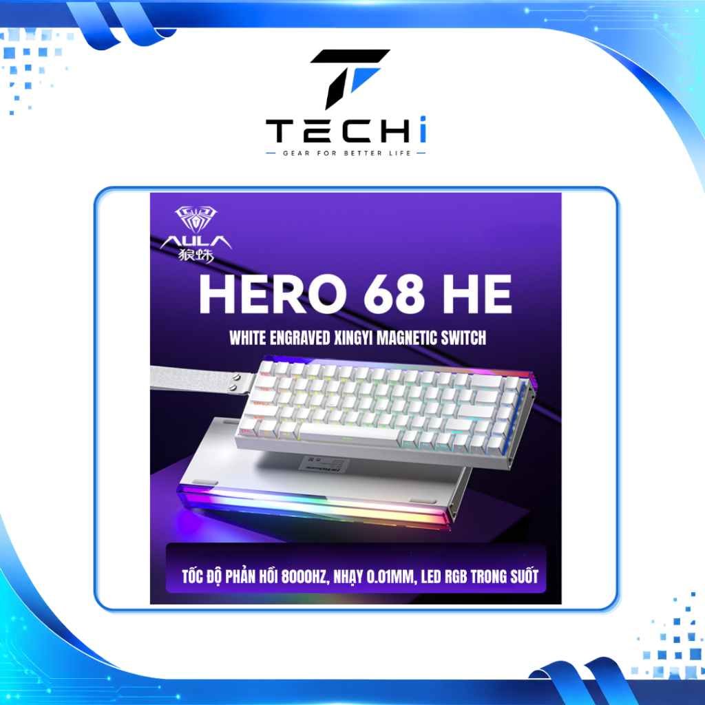 [ PHỤ KIỆN TECHI ] BÀN PHÍM CƠ AULA HERO 68HE WHITE ENGRAVED XINGYI MAGNETIC SWITCH