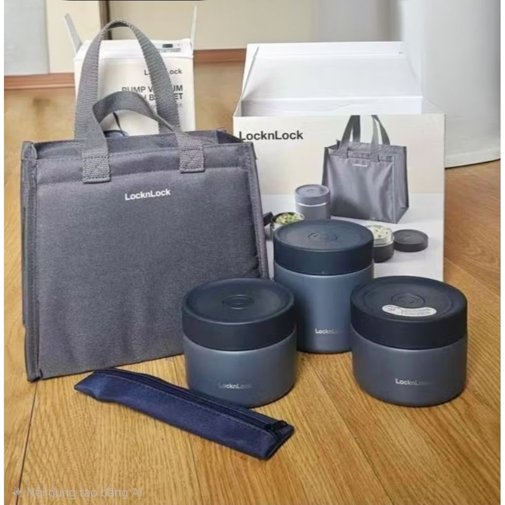 Bộ hộp cơm giữ nhiệt LocknLock Pump Vacuum Lunch Box (300ml*2, 500ml*1, bộ đũa và thìa, túi) LHC8052S01 - LHC8052S02N