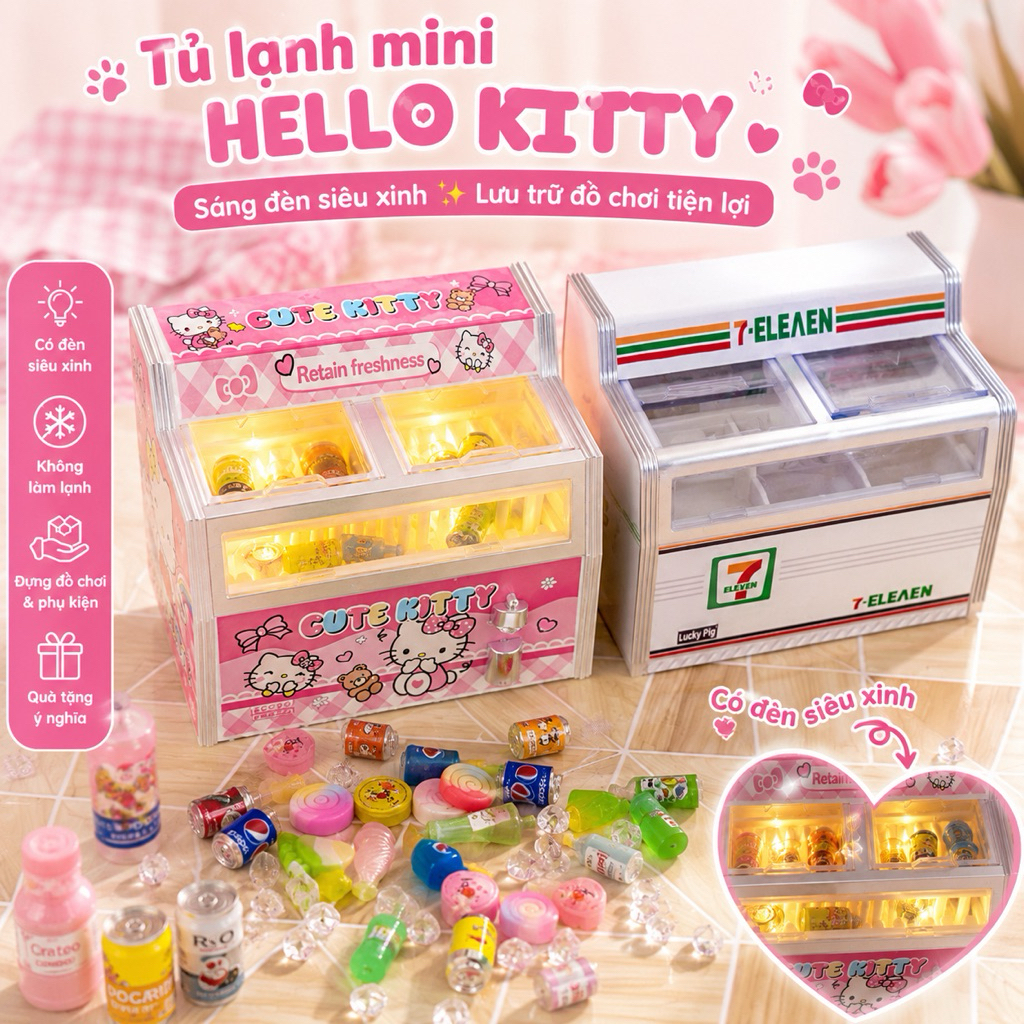 Đồ Chơi Tủ Lạnh Mini Kitty & 7-Eleven Có Đèn Led Phát Sáng Tủ Đá Mini Trang Trí Decor Nhà Búp Bê Quà