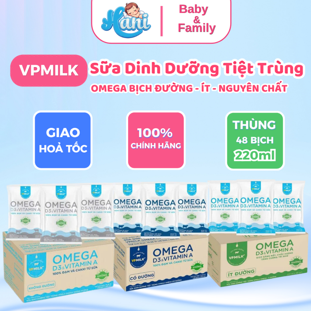 Thùng 48 bịch sữa dinh dưỡng tiệt trùng VPMilk Omega BỊCH 220ml