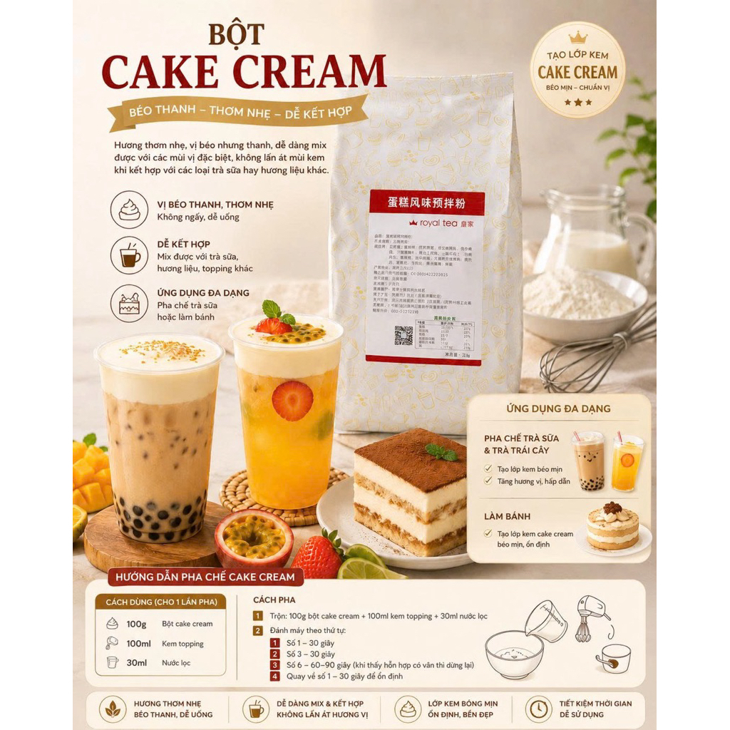 Bột cake cream royaltea 1kg/ Bột kem béo, bột kem tạo viền