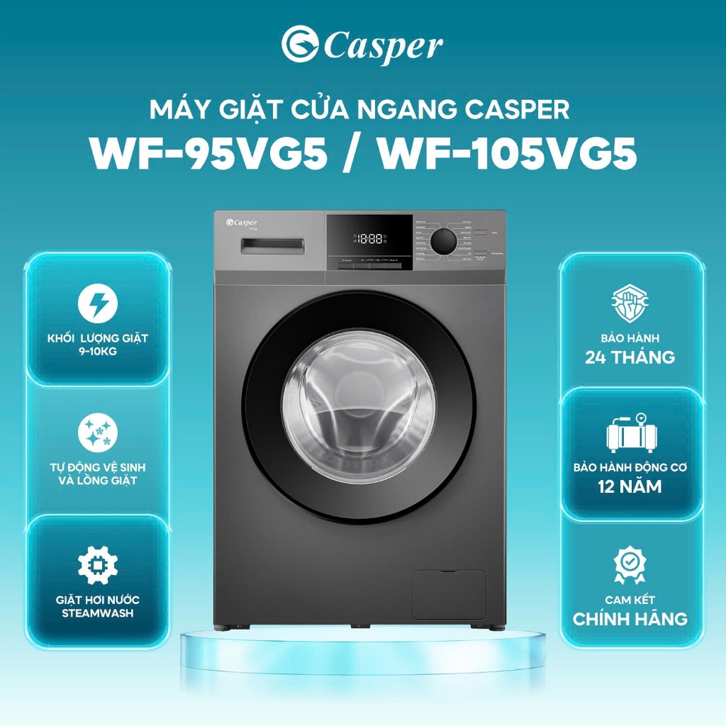 Máy giặt cửa ngang Casper WF-95VG5 (9,5 kg), WF-105VG5 (10,5 kg) Chính hãng, Bảo hành 2 năm