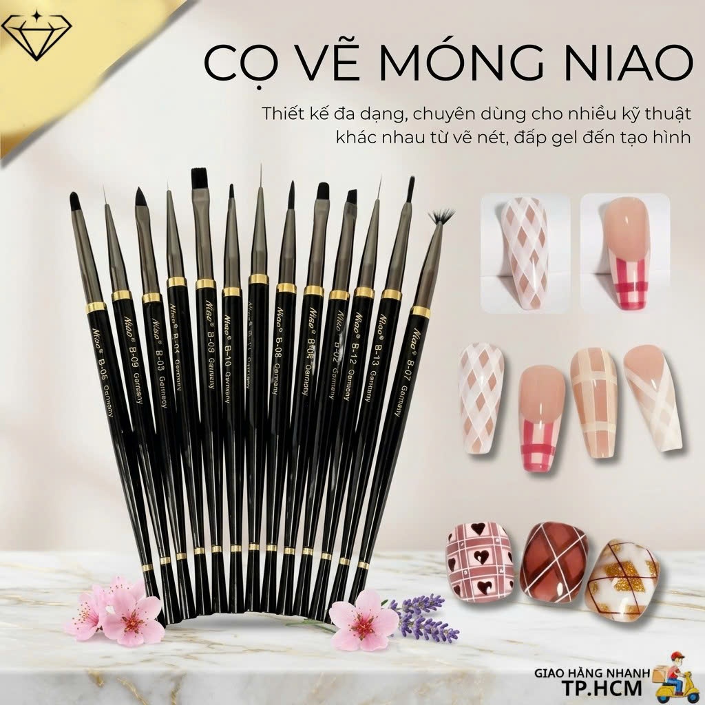 Cọ vẽ móng nail NIAO Bộ cọ Niao Germany cán đen lông mướt vẽ trang trí hoa cúc đắp bột Nails Diamond