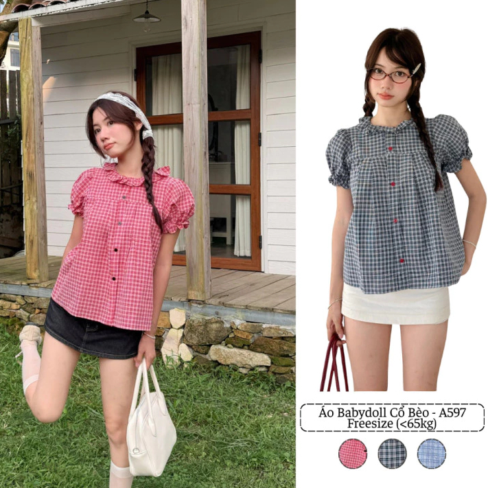 Áo babydoll kẻ caro cổ bèo tay bồng, áo kiểu nữ babydoll kẻ caro dành cho mùa hè – A597