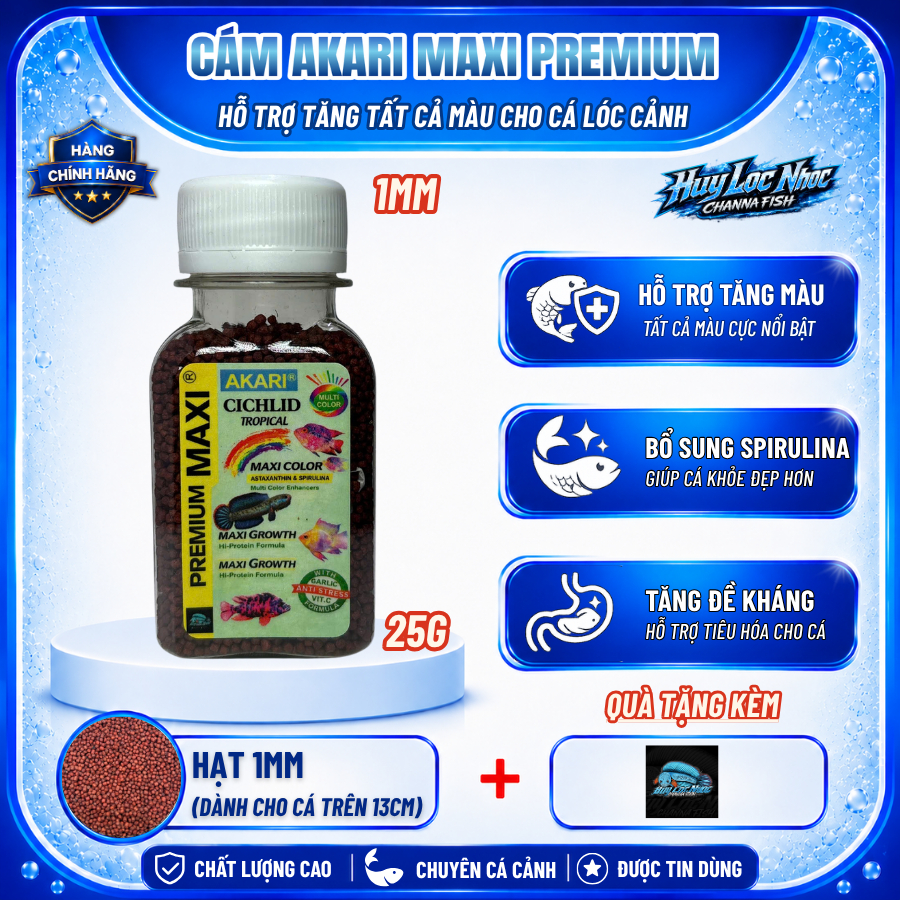 Cám AKARI Maxi 1mm 25g Nhập Khẩu Indonesia Cho Cá Lóc Lạnh - Hỗ Trợ Đa Màu Sắc, Tăng Sắc Tố, Thức Ăn