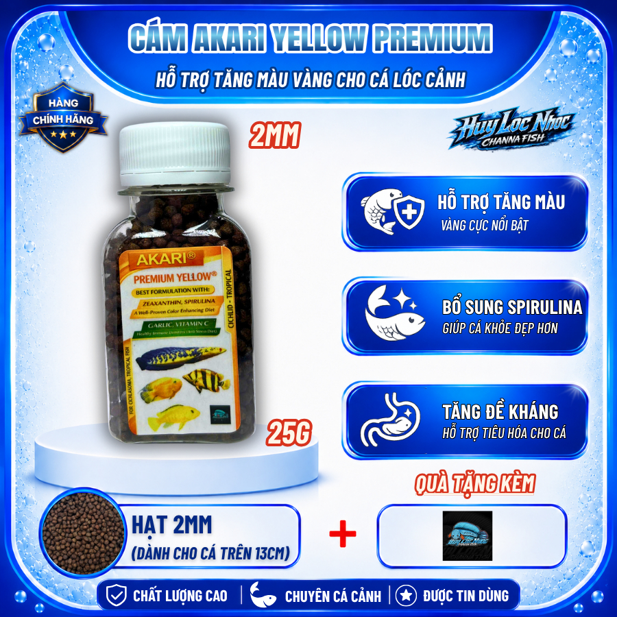 Cám AKARI Yellow 2mm 25g Nhập Khẩu Indonesia Cho Cá Lóc Lạnh - Hỗ Trợ Tăng Màu Vàng, Tăng Sắc Tố, Th