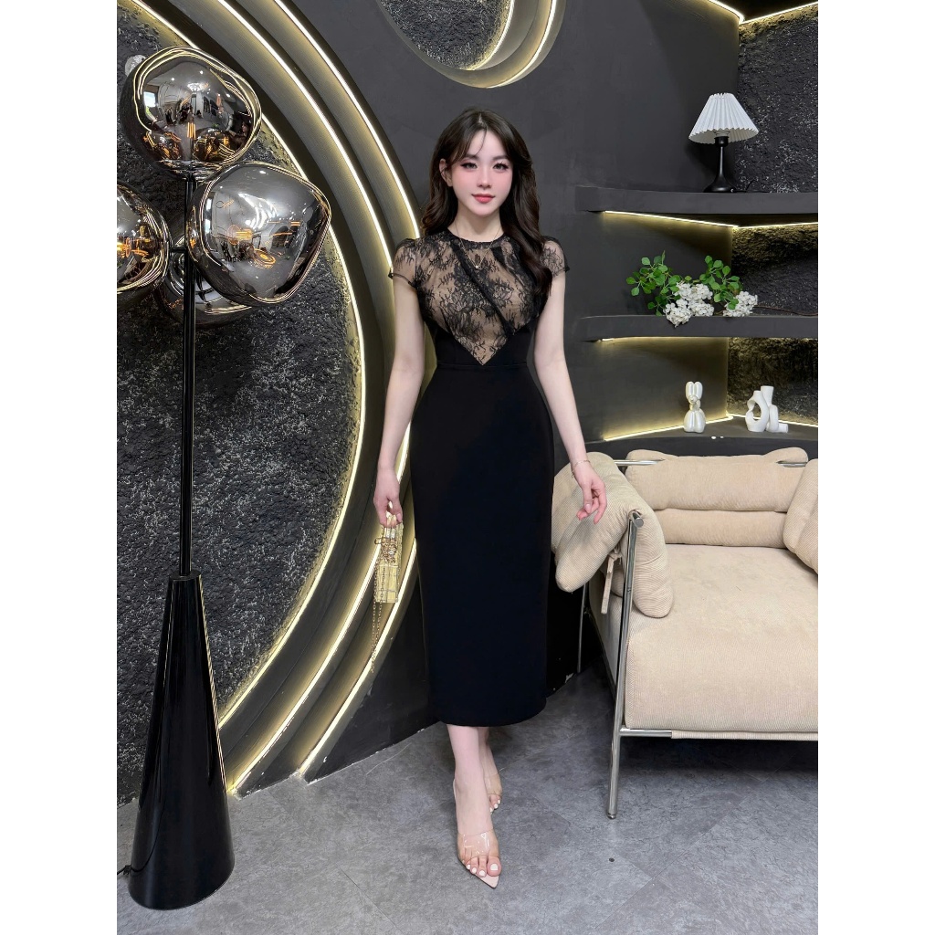 2TY265 - Váy Thiết Kế Eviici dành cho nữ, Đầm thiết kế cổ tròn phối ren hoa, dáng bút chì xuông
