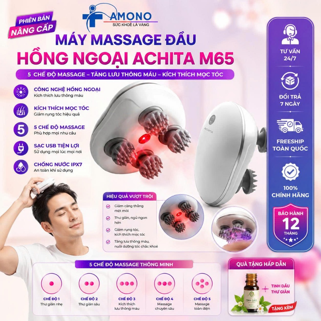 Máy massage đầu ACHITA M65 nâng cấp hồng ngoại 5 chế độ tăng lưu thông máu kích thích mọc tóc