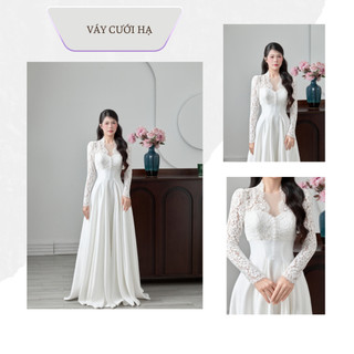 Váy Đi Bàn Cô Dâu Màu Trắng Tay Dài Phối Ren Chất Phi Nhật, Thân Liền Dáng Dài Chạm Đất Thích Hợp Làm Lễ Cưới Nhà Thờ.