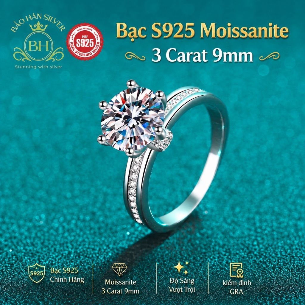 Moissanite 9ly 3 carat Nhẫn bạc nữ Moissanite nhẫn kim cương Moissanite bạc 925 nhẫn cầu hôn bạc nhẫ