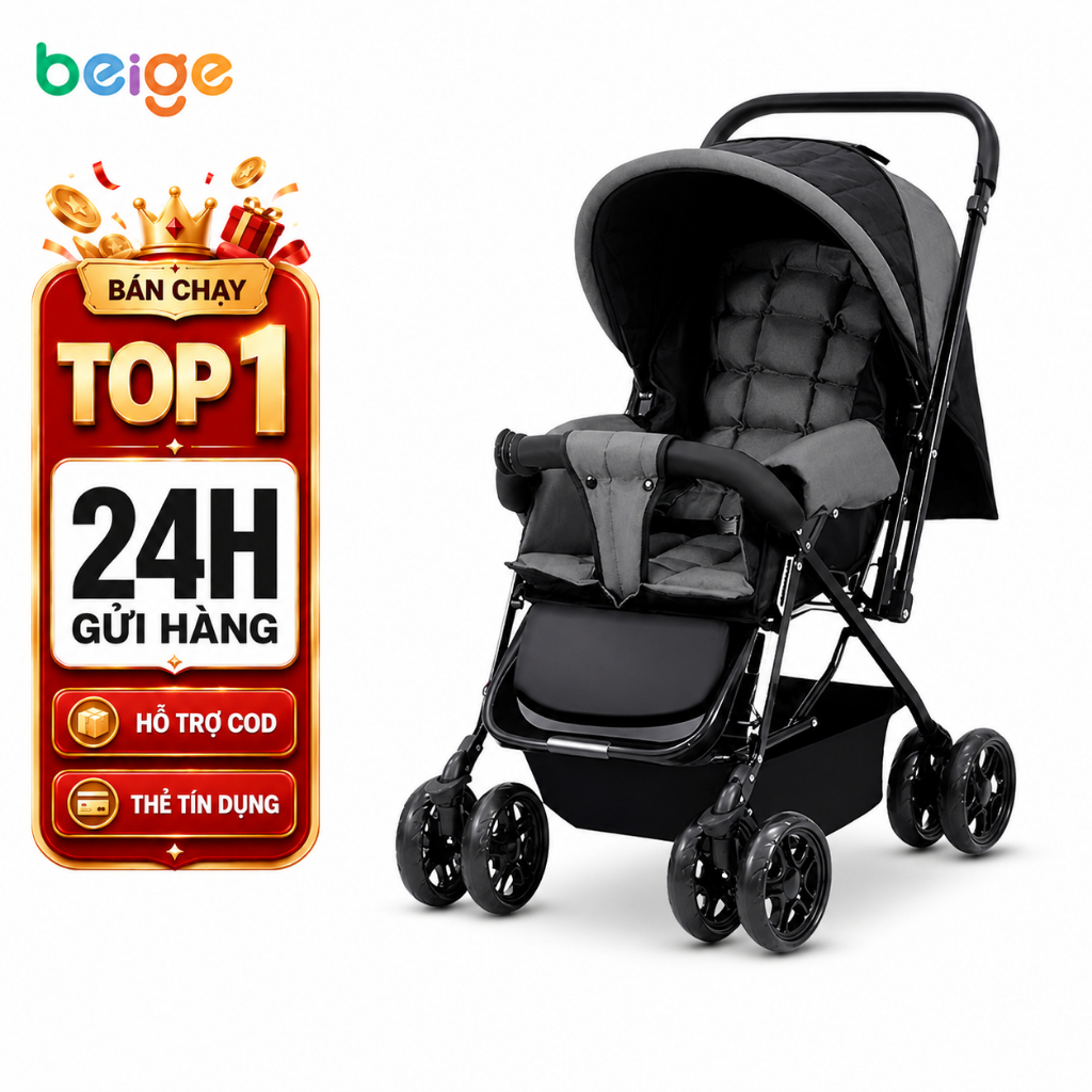 Xe đẩy cho bé BEIGE,xe đẩy gấp gọn 2 chiều 3 tư thế đi chơi,xe đẩy du lịch đa tính năng cho mẹ và bé