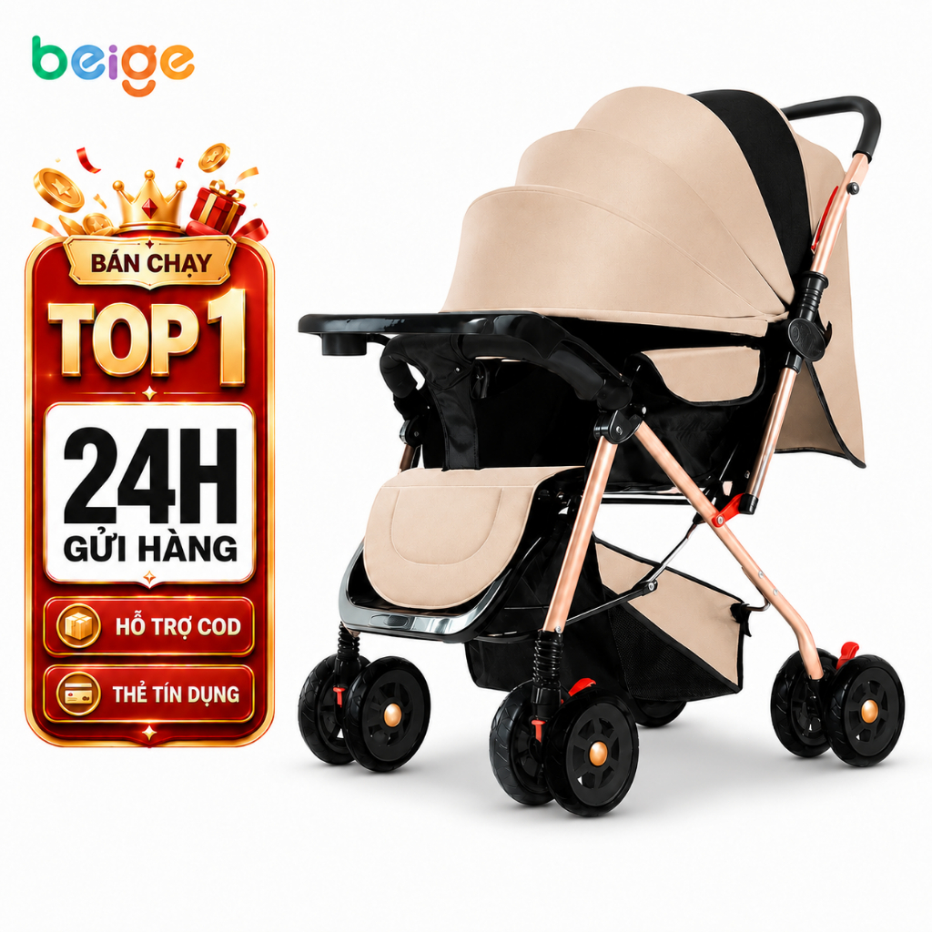 Xe đẩy gấp gọn cho bé Beige, đẩy 2 chiều,3 tư thế ngồi ngả nằm, phù hợp với bé sơ sinh,xe đẩy