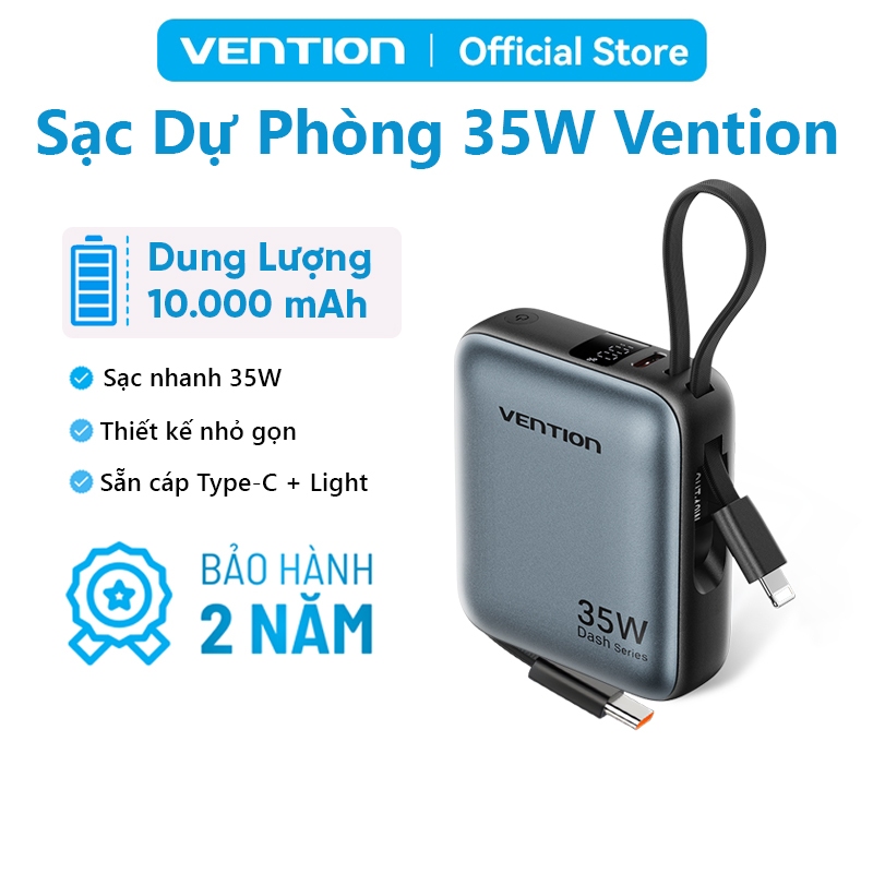 Sạc Dự Phòng 10000mAh Vention 35W Hỗ Trợ PD Có Sẵn Dây USB-C & Light Thiết Kế Nhỏ Gọn Dùng Cho Điện Thoại ,Tai Nghe