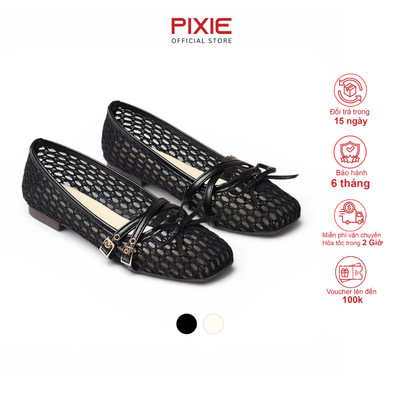 Giày Búp Bê Nữ Đế Bệt Da Vải Lưới Quai Ngang Đan Chéo Phối Khóa Đính Nơ Pixie H460