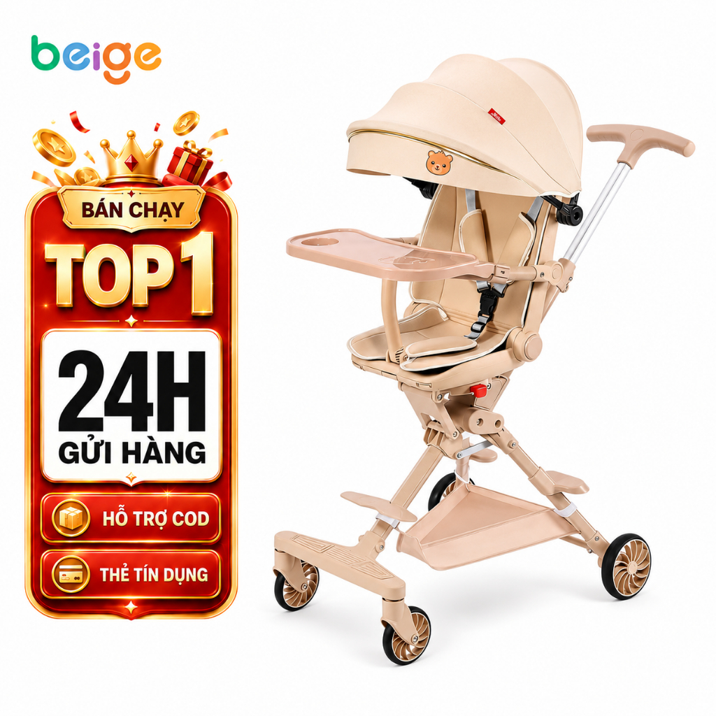 Beige Xe đẩy cao cấp Beige dành cho bé từ sơ sinh, gấp gọn, đảo chiều,tặng khay bàn ăn, có lò xo giả