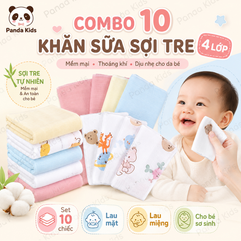 Combo 10 Khăn Sữa Cho Bé Sơ Sinh Sợi Tre 4 Lớp, Khăn Lau Mặt Lau Miệng Mềm Mại - Panda Kids - HT822 