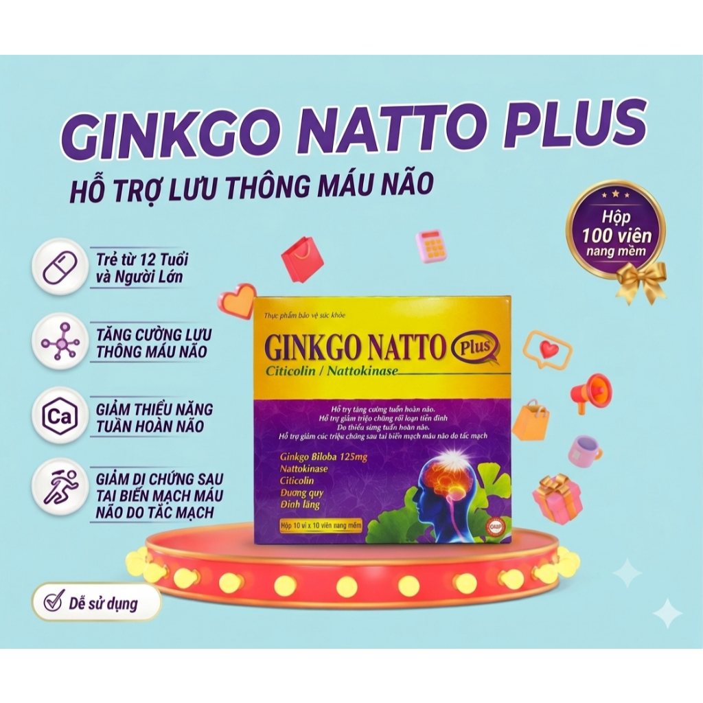 Viên Uống Bổ Não Ginkgo Natto Plus- Hộp 100 Viên Nang Mềm