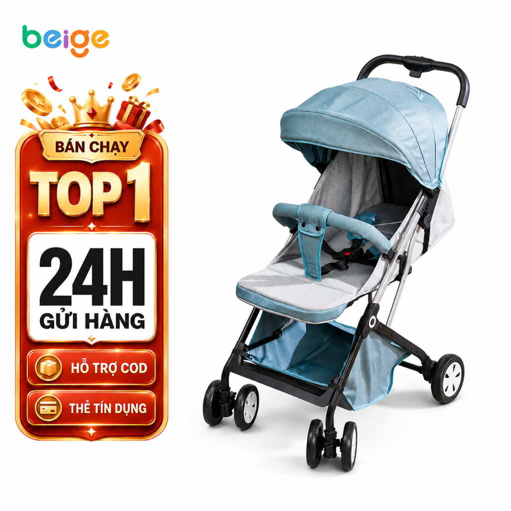 Xe đẩy cho bé gấp gọn Beige - giảm rung lắc tối đa, bảo hành chính hãng 1 năm,xe đẩy cho bé