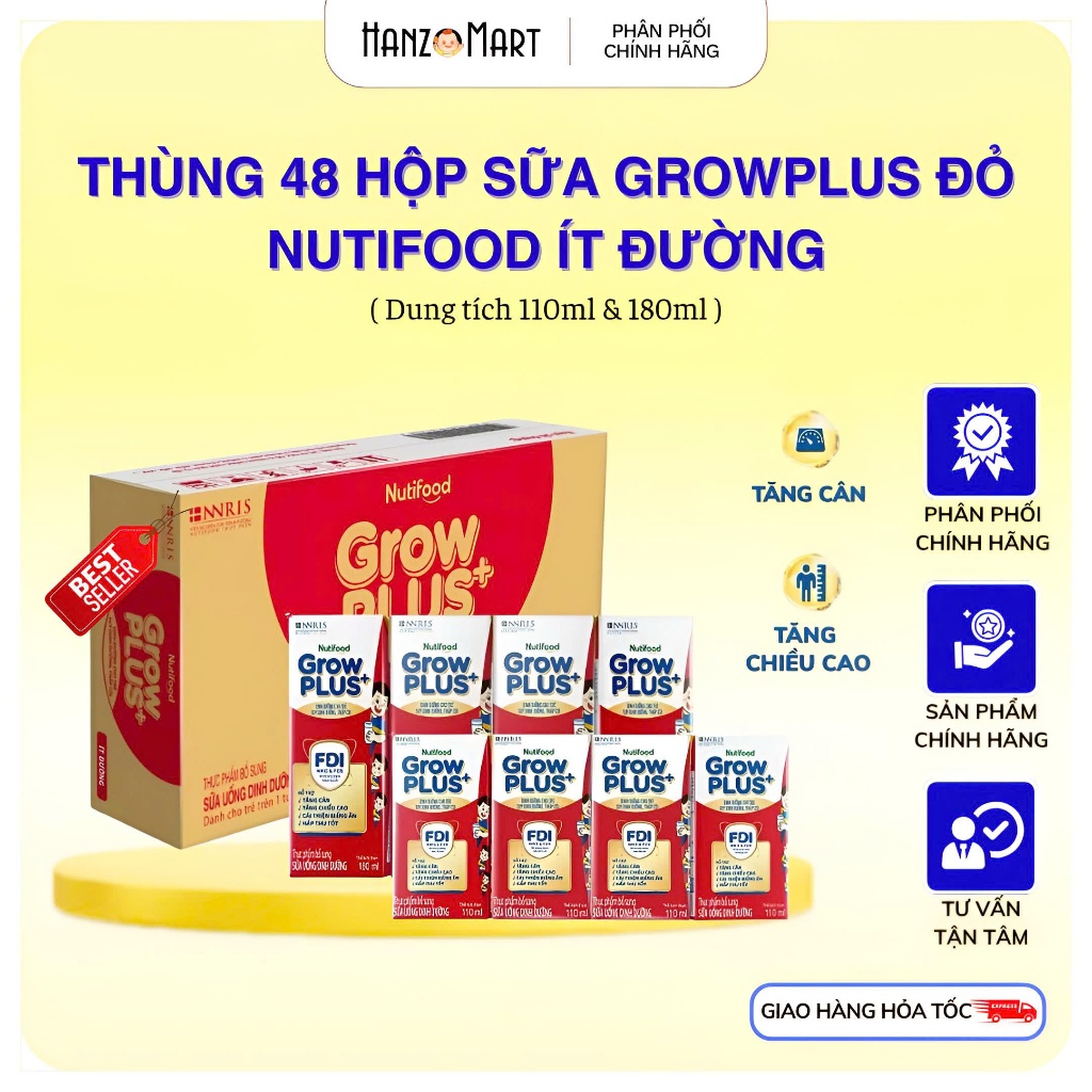 Thùng 48 hộp Nutifood GrowPLUS+ Suy Dinh Dưỡng (Đỏ) Ít đường 110ML/180ML - hanzomart