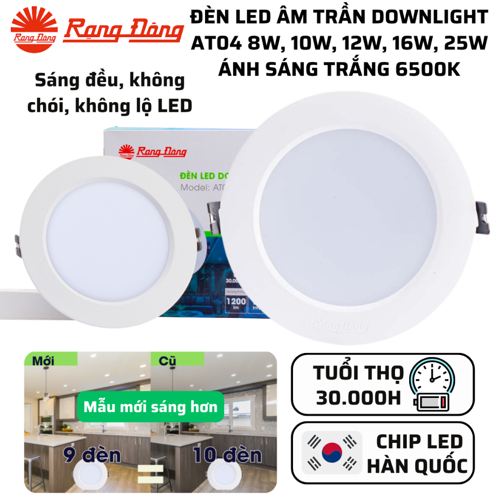 Đèn led âm trần Rạng Đông 9W, 12W, 7W AT04, Đèn downlight Rạng Đông sáng Trắng/Trung Tính/Vàng