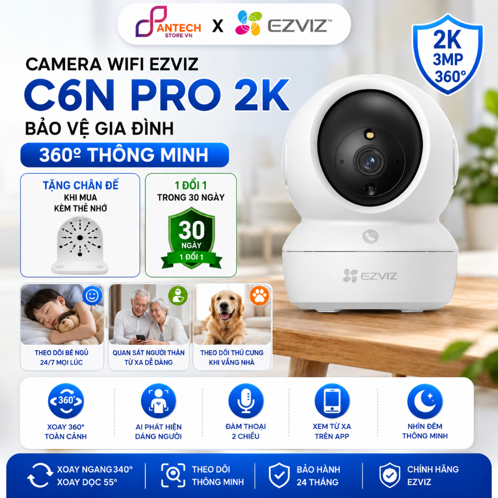 Camera Wifi Trong Nhà EZVIZ C6N Pro 2K, C6N G1 3K, C6N G1 4K, C1C Xoay 360 Độ Siêu Nét, Đàm Thoại 2 