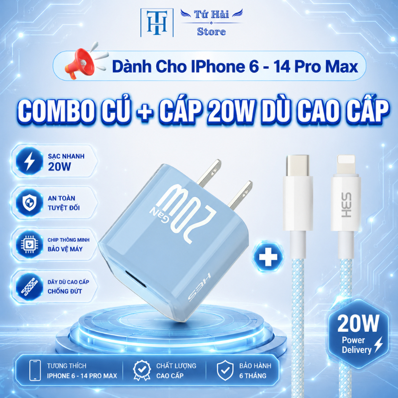 Bộ Sạc Nhanh PD 20W Màu Xanh Dương – Củ GaN 20W + Cáp Type-C to Lighting Bọc Dù Dài 1m 2m 3m