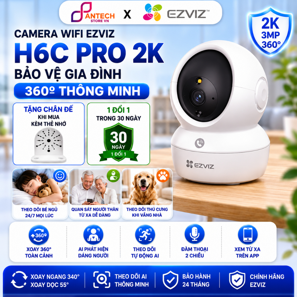 Camera Wifi Trong Nhà EZVIZ H6C Pro 2K, H6C G1 3K, H6C G1 4K, H1C Xoay 360 Độ Siêu Nét, Đàm Thoại 2 