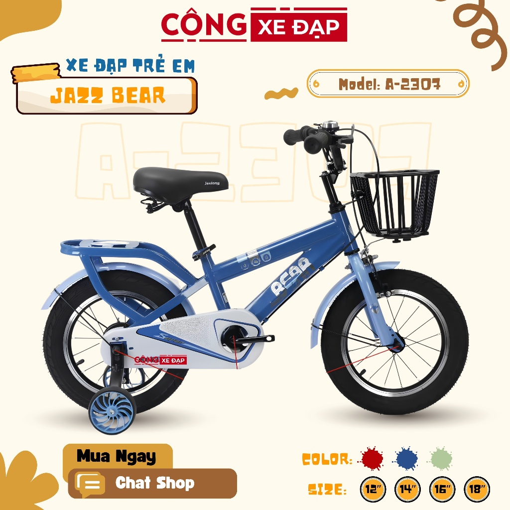 Xe Đạp Trẻ Em Jazz Bear A-2307 Cho Bé Trai 2 - 10 Tuổi (Size 12/14/16/18/20 Inch, Baga Liền Khung)