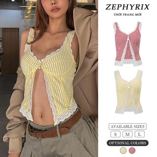 【ZEPHYRIX】Áo hai dây nữ sát nách phối ren kẻ caro cúc bọc đi biển./123