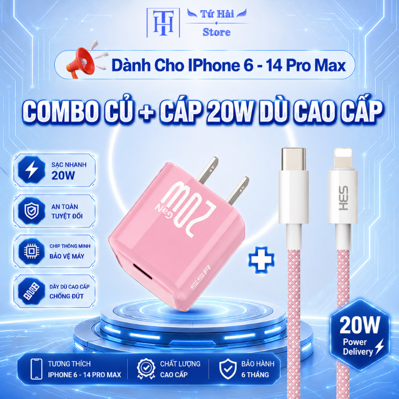 Bộ Sạc GaN PD 20W Màu Hồng Cao Cấp – Củ Sạc 20W + Cáp Type-C to Lighting Bọc Dù – Dài 1m 2m 3m