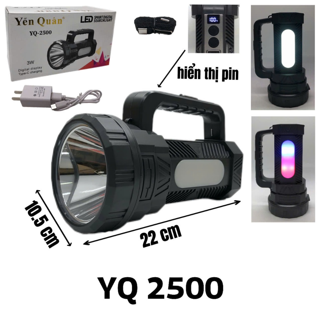 ĐÈN PIN LED SIÊU SÁNG YQ-2500 – SẠC TYPE-C, PIN KHỦNG 7200mAh
