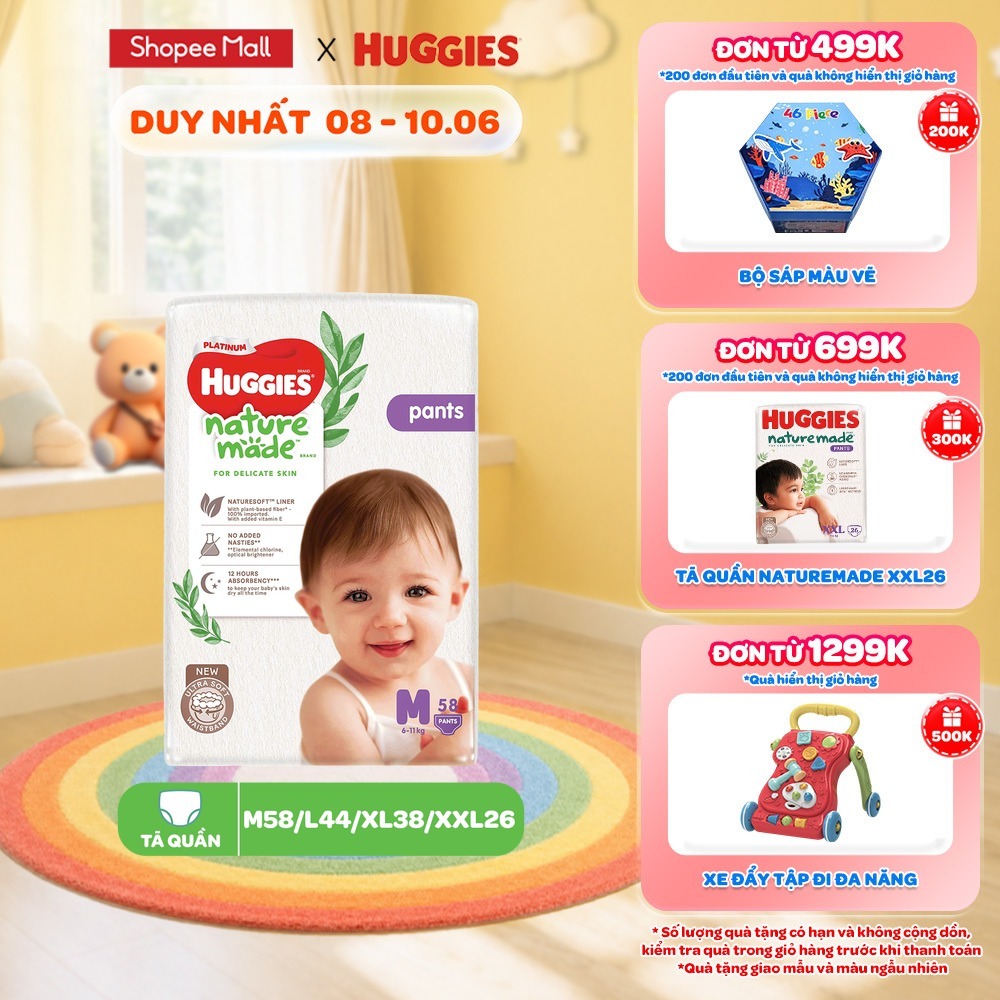 Tã/Bỉm quần Huggies NatureMade M58/L44/XL38/XXL26/XXXL28