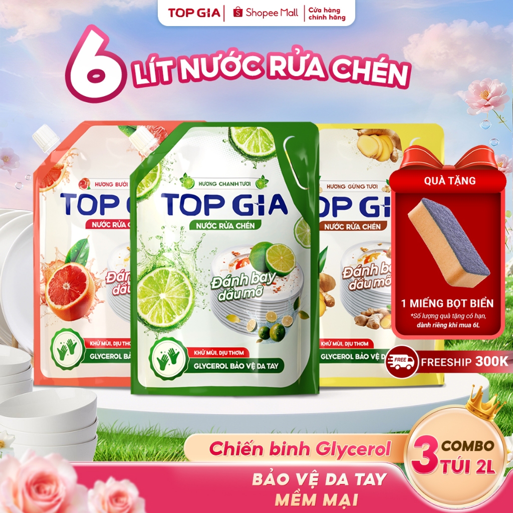 Nước Rửa Chén Bát TOPGIA Thiên Nhiên, An Toàn Dịu Nhẹ Da Tay, Khử Mùi Tanh Sạch Dầu Mỡ, Túi 2L 0PT