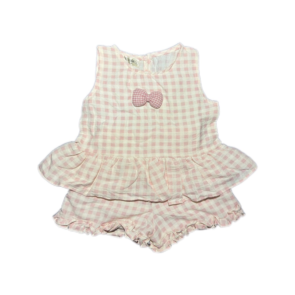 | Caro Hồng Phối Nơ | Set Babydoll kẻ caro hồng phối nơ cho bé gái (8-20kg)