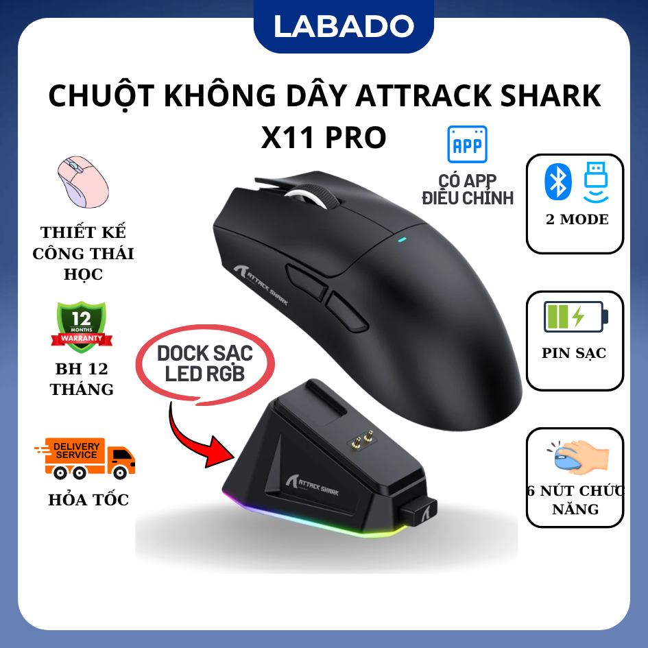 Chuột bluetooth không dây Gaming Attack Shark X11 PRO chip PAW3311 có dock sạc LED, 22000 DPI
